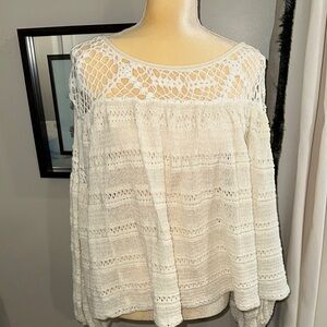 Free People Cream Blouse with Ruffled Boxy Style and 3/4 Flutter Sleeves